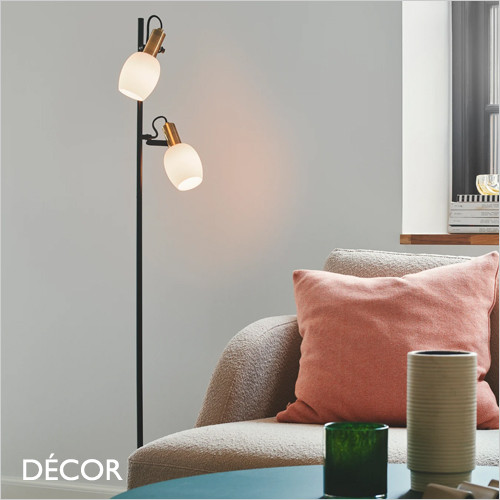 Arild - Black and Opal White Glass Featuring Brown Brass Details Modern Designer Adjustable Double Floor Lamp - Contemporary Industrial Danish Design  for a Living Room, Study, Reception Room or Bedside