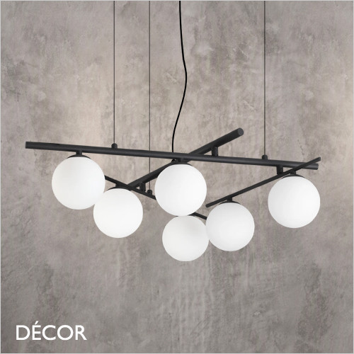 Ideal Lux - Atlas 62 & 80 - Etched White Glass Globes & Matt Black Designer Globe Suspension Light with Adjustable Arms - Ideal for any Modern Space