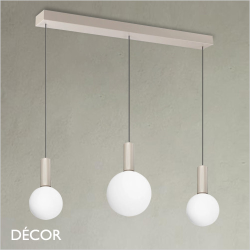Ideal Lux - Odeon 3 Globe Linear - White Etched with a Striped Cylindrical Stem Modern Designer Glass Multiple Pendant Light - Minimalist Italian Chic for your Kitchen, Reception Room or Bistro