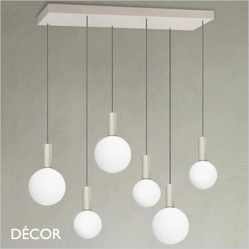 Ideal Lux - Odeon 6 Globe Rectangular - White Etched with a Striped Cylindrical Stem Modern Designer Glass Multiple Pendant Light - Minimalist Italian Chic for your Kitchen, Reception Room or Bistro
