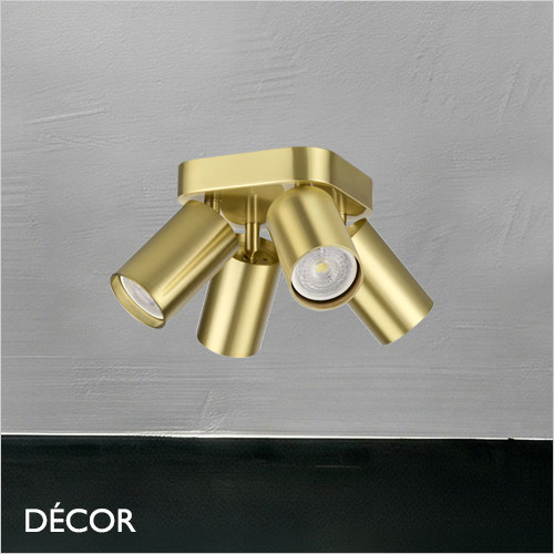 Ideal Lux - Dynamite 4 - Round Brushed Brass Modern Designer Adjustable Spotlights with a Square Base - Perfect for a Kitchen, Dining Room, Office, Restaurant or Bar