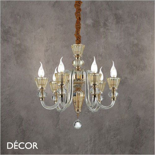Ideal Lux - Strauss, 6 arm - Amber Crystal & Gold Chandelier - Stylish Italian Design for a Dining Room, Living Room, Stairs, Hallway, Hotel & Restaurant