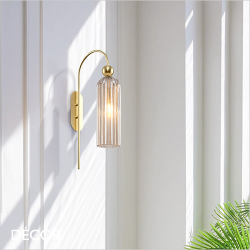 Antic - Cognac Fluted Glass with a Gold Arched Support and Gold Accents Modern Designer Wall Light - Elegant German Design for any Contemporary Interior Space