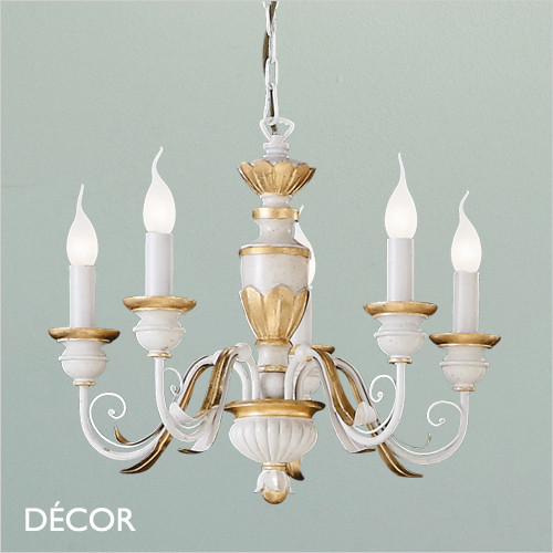 Ideal Lux - Firenze, 5 arm - Ivory & Gold-Leaf Candelabra Chandelier - Luxury Italian Style for a Dining Room, Living Room, Kitchen, Hallway, Hotel & Restaurant
