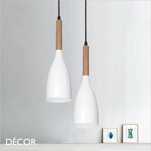 11 Manhattan - White with Wood Detail Modern Designer Pendant Light - Minimalist Style for your Kitchen, Dining Room, Living Room, Restaurant & Café
