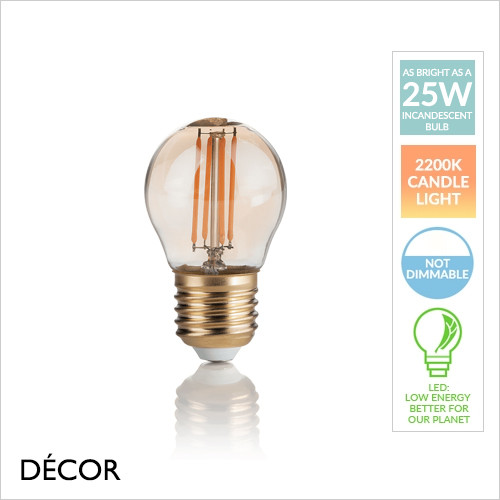 Ideal Lux - E27 3.5W Vintage Amber Glass LED Filament Golf Ball Shaped Light Bulb - As Bright as a 30W Incandescent Bulb - Energy Efficient & Cost Effective Lighting