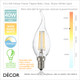 Ideal Lux - E14 4W LED Filament Designer Flame Tip Candle Shaped Light Bulb, Dimmable - As Bright as a 40W Incandescent Bulb - Energy Efficient Lighting for Home & Business