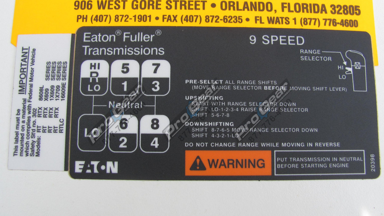 20398 Eaton Fuller 9-Speed Shift Pattern Decal | Pro Gear