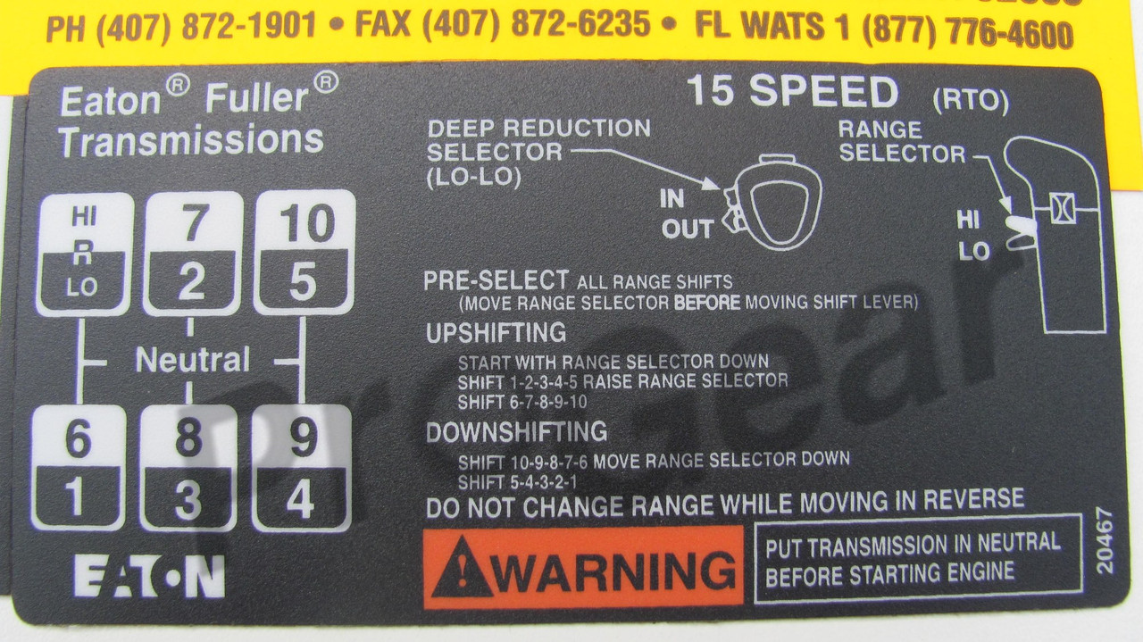 Eaton Fuller 15 Speed Overdrive Shift Pattern Diagram Label