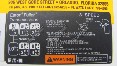 21628 18 Speed Shift Pattern Diagram. Eaton Fuller Transmission - photo 1