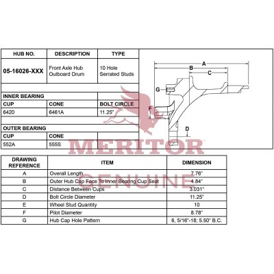 Meritor Assembly Hub Drum P/N: 15-16026-1007MTB or 15160261007MTB