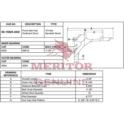 Meritor Assembly - Frt Hub / Stud P/N: 05-15925-004 or 0515925004
