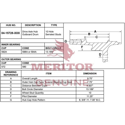 Meritor Assembly - Rear Hub / Drum P/N: 14-15728-101 or 1415728101