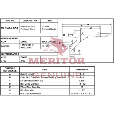 Meritor Assembly Frt Hub Drum P/N: 15-15756-300 or 1515756300