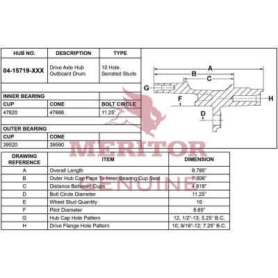 Meritor Assembly - Rear Hub P/N: 04-15719-1005 or 04157191005