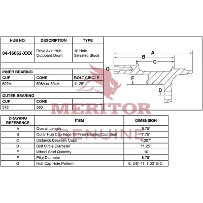 Meritor Assembly - Rear Hub P/N: 04-16062-020 or 0416062020