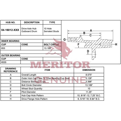 Meritor Assembly - Rear Hub P/N: 04-16012-002 or 0416012002