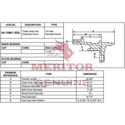 Meritor Assembly - Rear Hub P/N: 04-15981-018 or 0415981018