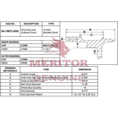 Meritor Assembly - Rear Hub P/N: 04-15673-003 or 0415673003