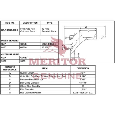 Meritor Assembly - Hub / Frt P/N: 05-16007-002 or 0516007002