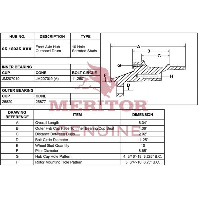 Meritor Assembly - Frt Hub P/N: 05-15935-005 or 0515935005