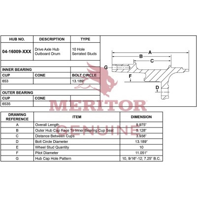 Meritor Assembly - Hub P/N: 04-16009-002 or 0416009002