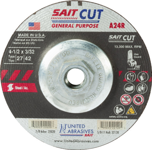 United Abrasives SAIT 22120, Cutting Wheel, 4-1/2" x 3/32" x 5/8-11, Type-27 A24R, 10/box