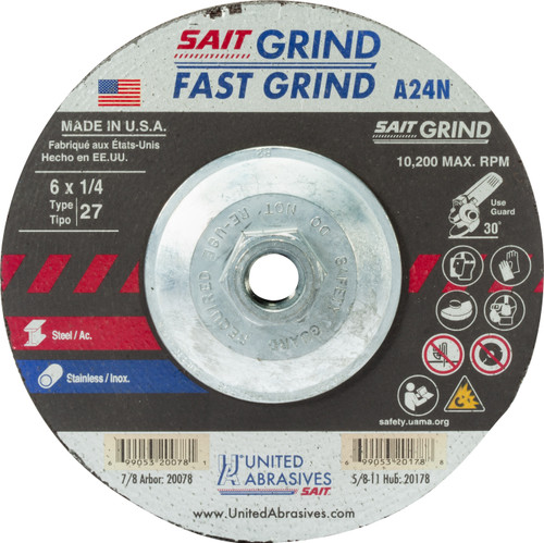 United Abrasives SAIT 20178, Grinding Wheel, 6" x 1/4" x 5/8-11, Type-27 A24N, 10/box