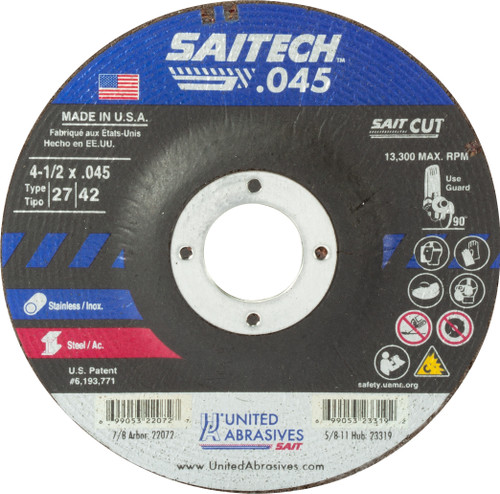 United Abrasives SAIT 22072, Cutting Wheel, 4-1/2" x .045" x 7/8" Type-27 SAITECH, 50/box