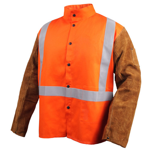 Black Stallion JH1012-OR-2XL, Hybrid Welding Jacket, FR Cotton with Cowhide Leather Sleeves, Safety Orange with Reflective Trim, 2X-Large