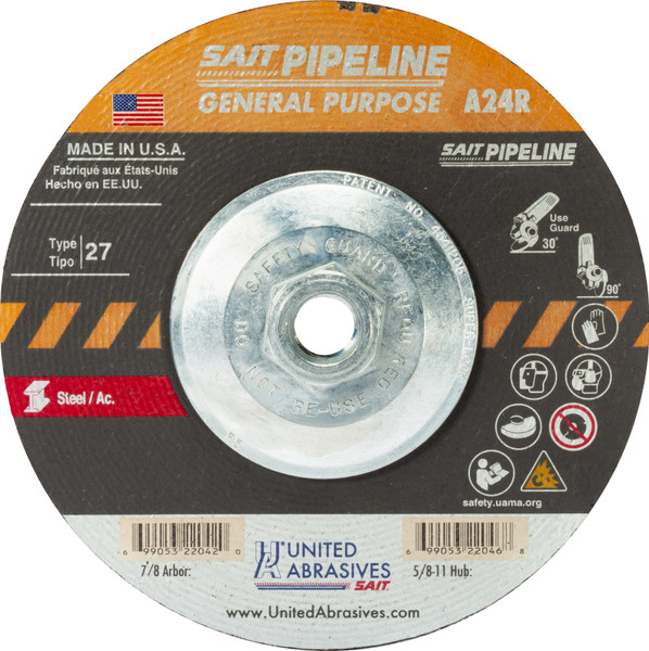 United Abrasives-SAIT 22052, Cutting/Grinding Wheel, 7" x 1/8" x 5/8-11, Type-27 A24R PIPELINE, 10/box