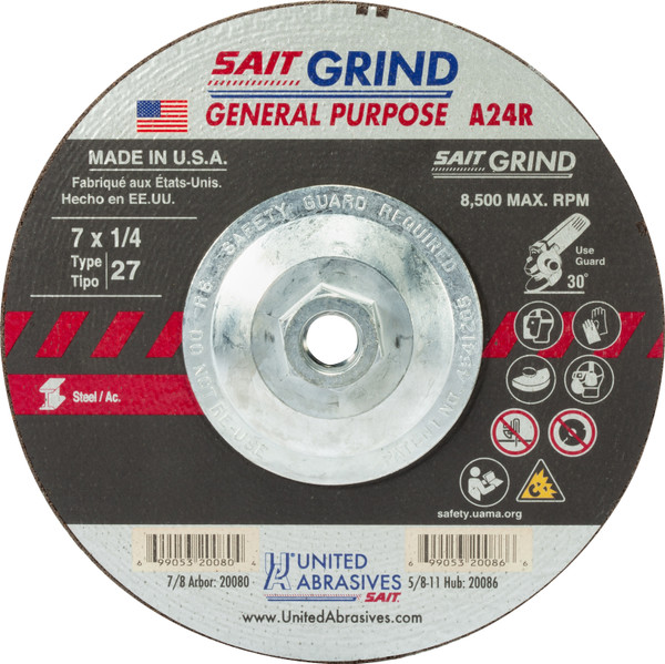 United Abrasives SAIT 20086, Grinding Wheel, 7" x 1/4" x 5/8-11, Type-27 A24R, 10/box