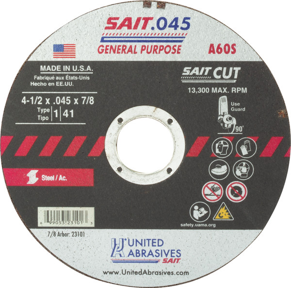 United Abrasives SAIT 23101, Cutting Wheel, 4-1/2" x .045" x 7/8" Type-1 A60S, 50/box