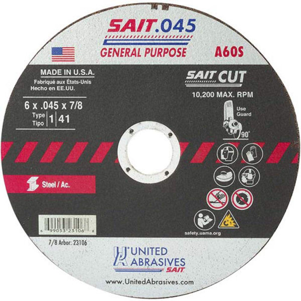 United Abrasives SAIT 23106, Cutting Wheel, 6" x .045" x 7/8" Type-1 A60S, 50/box