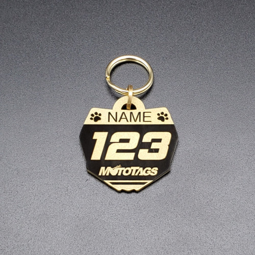 Handmade Brass Dirt Bike Number Plate shaped Pet ID Tag with Customized 250cc Style Graphics created by Moto Tags. Handmade Brass Dirt Bike Number Plate shaped Pet ID Tag with Customized 250cc Style Graphics created by Moto Tags.