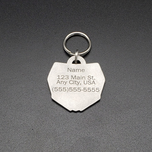 Handmade Aluminum Dirt Bike Number Plate shaped Pet ID Tag with Customized 450cc Style Graphics created by Moto Tags back. Handmade Aluminum Dirt Bike Number Plate shaped Pet ID Tag with Customized 450cc Style Graphics created by Moto Tags back.