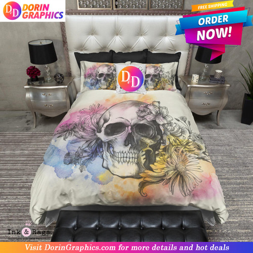  Watercolor Sketch Skull CREAM Bedding Collection Flower Dorin Blanket Aunt Gift Halloween