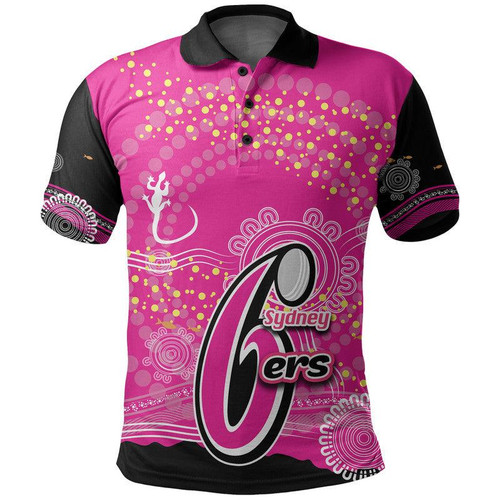 (Custom Personalised And Number) Sydney Sixers Polo shirt Cricket Aboriginal Vibe LT6