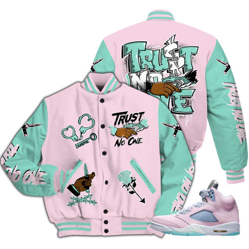 Dunkare Retro Easter 5s Varsity Jacket, Trust No One Dripping All Over Print Letterman Jackets