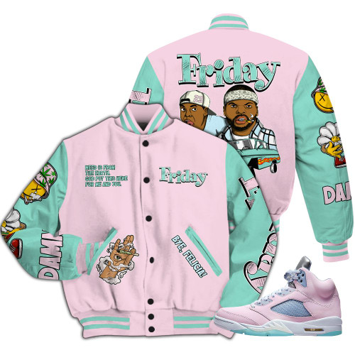 Dunkare Retro Easter 5s Varsity Jacket, Friday Sneaker Stress Style All Over Print Letterman Jackets