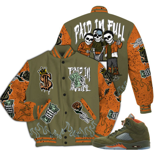 Dunkare Olive 5s Varsity Jacket, Fire Everybody Paid In All Over Print Letterman Jackets