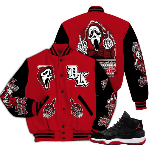 Dunkare Bred Velvet 11s Varsity Jacket - F#CK And Find Out Graphic All Over Print Letterman Jackets