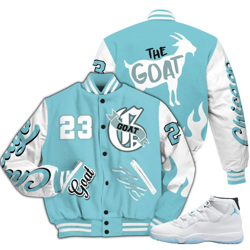 Dunkare Low Legend Blue 11s Varsity Jacket, The G.O.A.T Flight Streetwear All Over Print Letterman Jackets