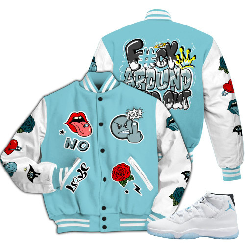 Dunkare Low Legend Blue 11s Varsity Jacket, FK Around Find Out All Over Print Letterman Jackets