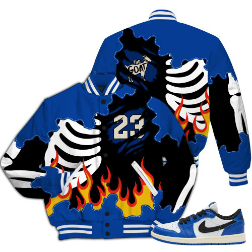 Dunkare Low Game Royal 1s Varsity Jacket, Burning Skeleton 23 G.O.A.T All Over Print Letterman Jackets