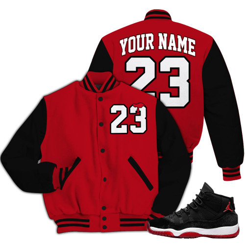 Dunkare Bred Velvet 11s Varsity Jacket, Custom Name Number 23 Drip All Over Print Letterman Jackets