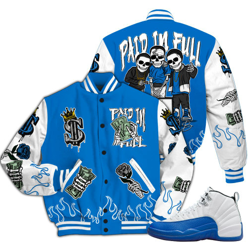 Dunkare Blueberry 12s Varsity Jacket, Fire Everybody Paid In All Over Print Letterman Jackets