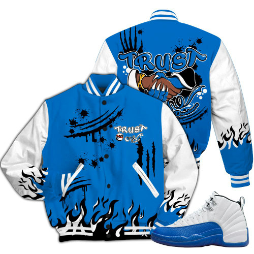 Dunkare Blueberry 12s Varsity Jacket, Graphic Trust No One All Over Print Letterman Jackets