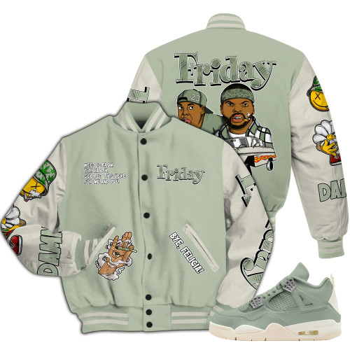 Dunkare Seafoam Sail 4s Varsity Jacket, Friday Sneaker Stress Style All Over Print Letterman Jackets