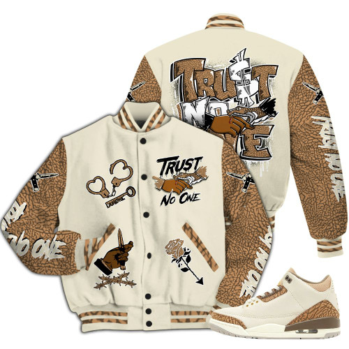 Dunkare Orewood Brown 3s Varsity Jacket, Trust No One Dripping All Over Print Letterman Jackets
